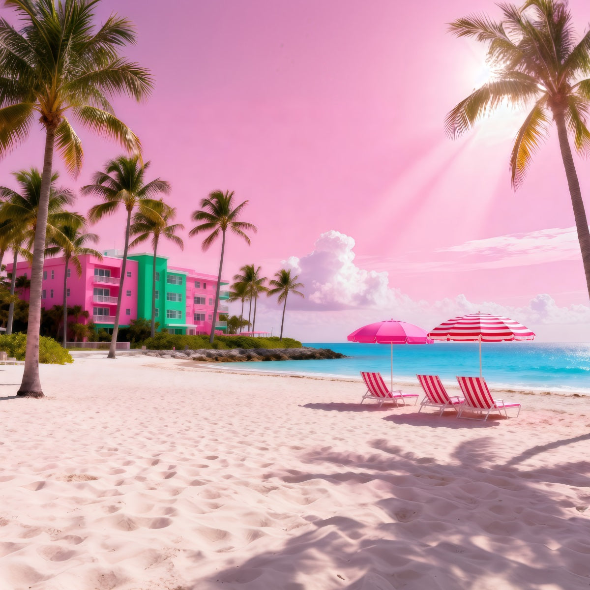 Fotohintergrund zum Thema Strand Rosa Sonnenschirm Rückzugsort Sommerhintergrund RR61-16