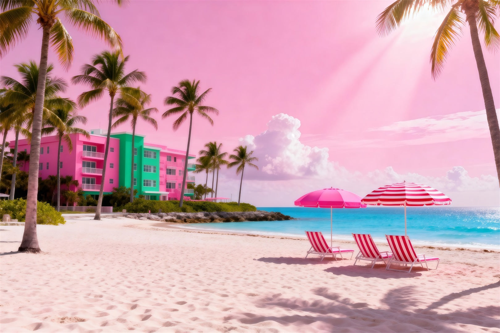 Fotohintergrund zum Thema Strand Rosa Sonnenschirm Rückzugsort Sommerhintergrund RR61-16