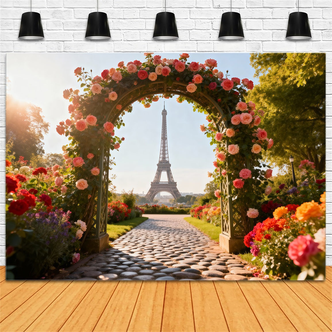 Paris-Fotohintergrund Rosengarten Blumenbogen Eiffelturm-Fotohintergrund RR61-35