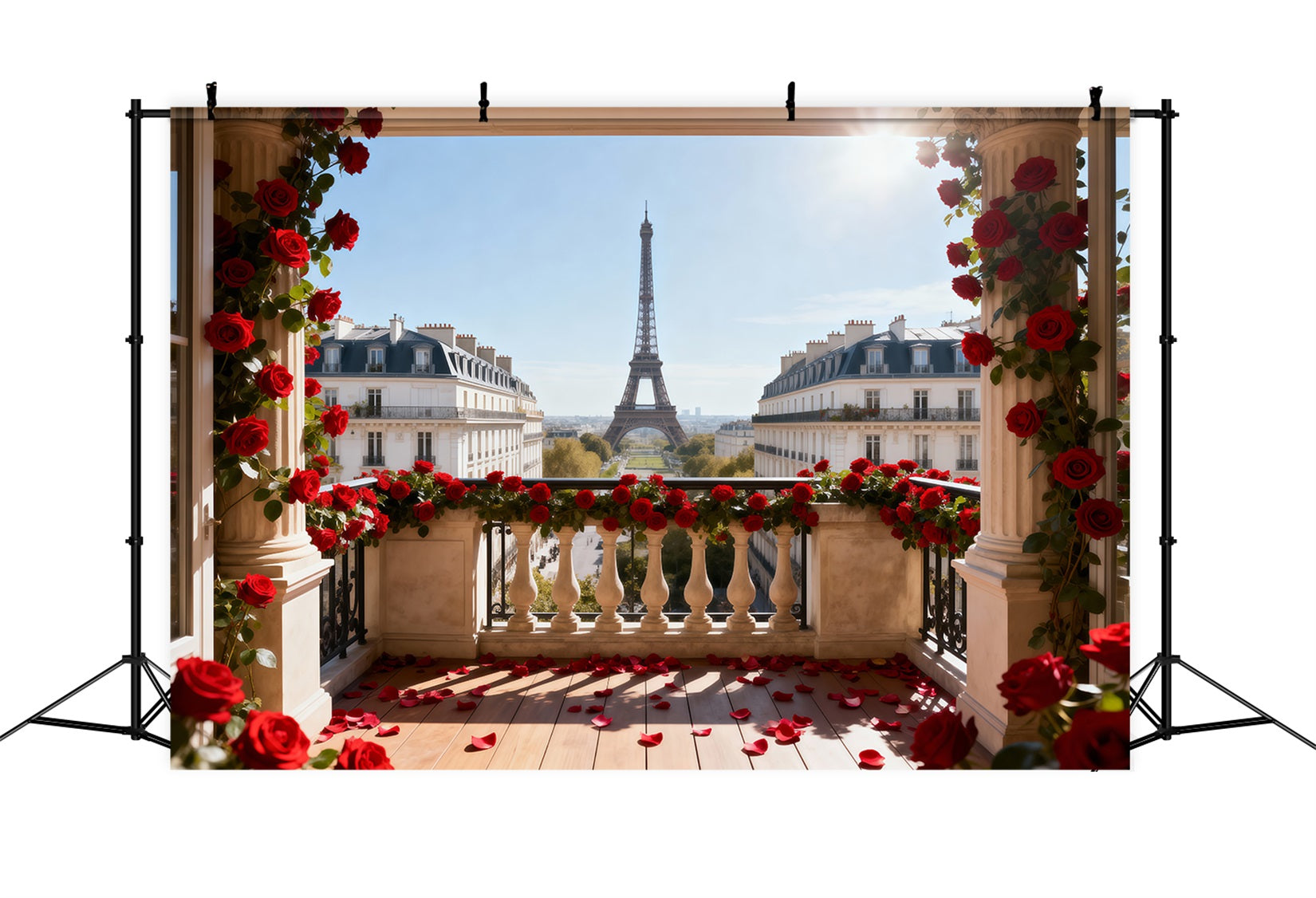 Paris-Hintergrund für Fotos Rote Rose Balkon Romantik Eiffelturm-Fotohintergrund RR61-38