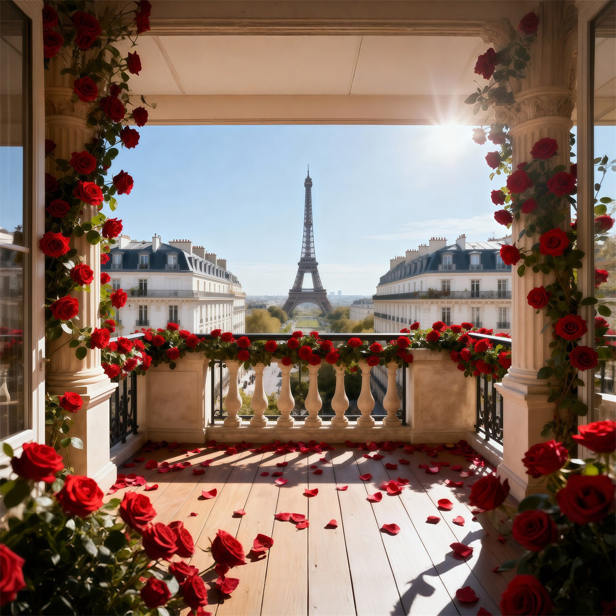 Paris-Hintergrund für Fotos Rote Rose Balkon Romantik Eiffelturm-Fotohintergrund RR61-38