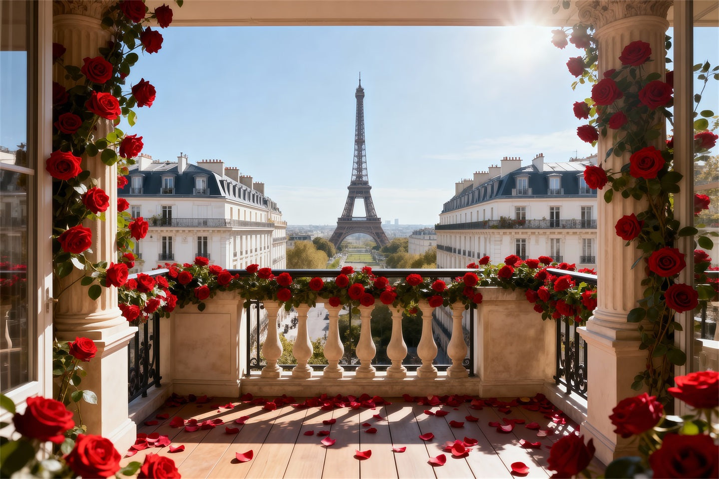 Paris-Hintergrund für Fotos Rote Rose Balkon Romantik Eiffelturm-Fotohintergrund RR61-38