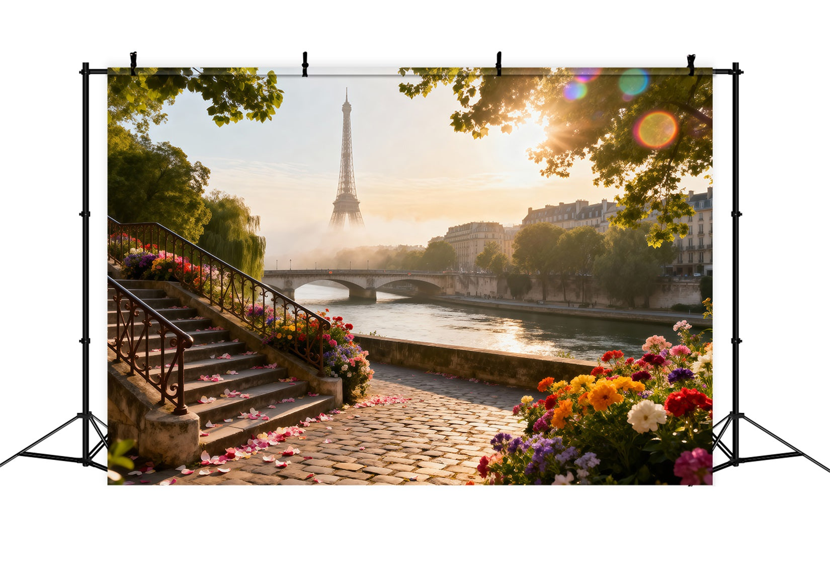 Paris-Hintergrundideen Flussufergarten Sonnenaufgang Eiffelturm-Fotohintergrund RR61-41