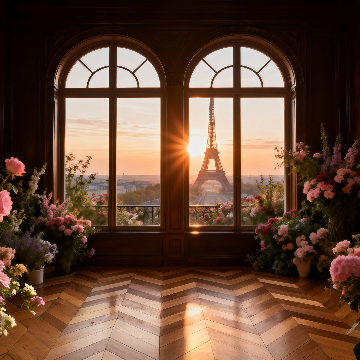 Paris-Fotokulisse Goldenes Fenster Blumen Sonnenuntergang Eiffelturm-Fotokulisse RR61-43
