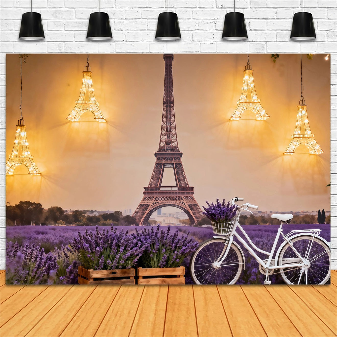 Eiffelturm-Fotohintergrund Lavendelfeld Fahrrad Glow Paris-Hintergründe RR61-51
