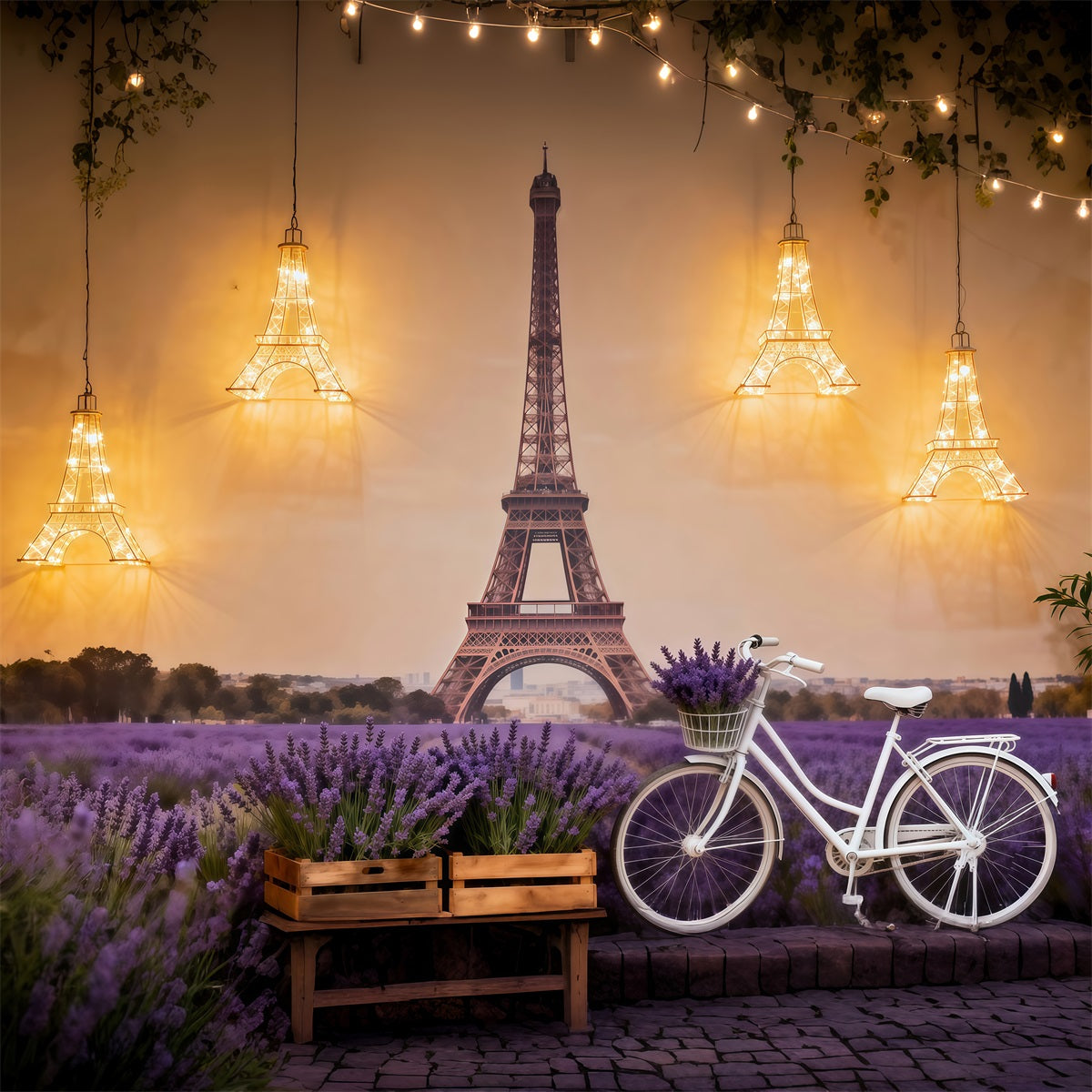 Eiffelturm-Fotohintergrund Lavendelfeld Fahrrad Glow Paris-Hintergründe RR61-51