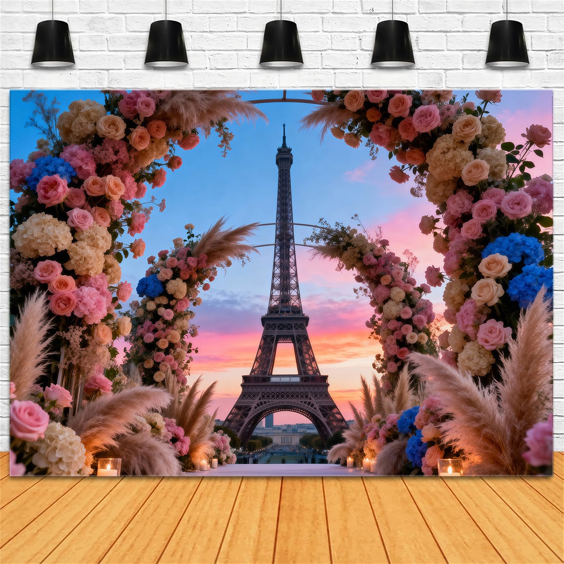 Kulisse mit Paris-Motiv Großer Blumenbogen im Boho-Stil Eiffelturm-Fotokulisse RR61-56
