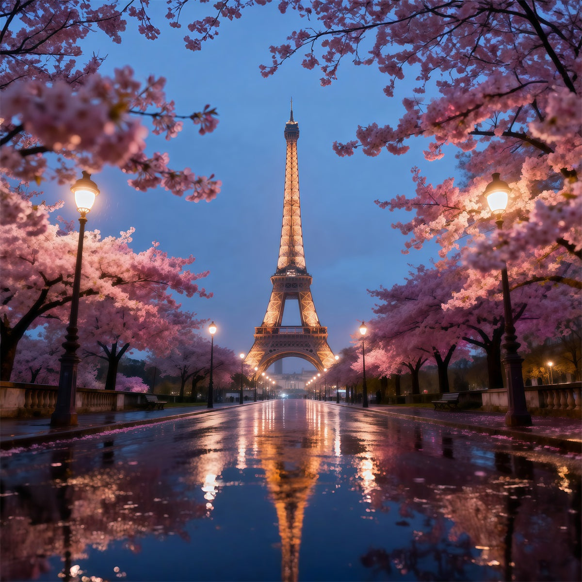 Mitternacht in Paris Hintergrund Kirschblüten Abendpromenade Eiffelturm-Hintergründe RR61-57