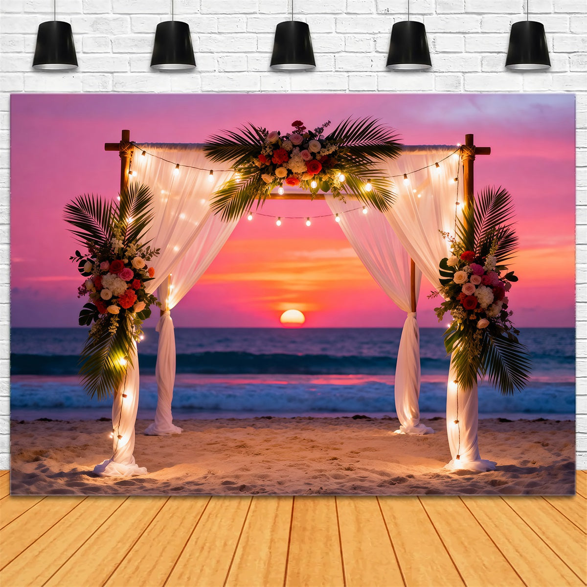 Sonnenuntergang am Strand Hintergrund Hochzeitsblumenbogen Vorhänge Sommer-Fotokabinenhintergrund RR61-6