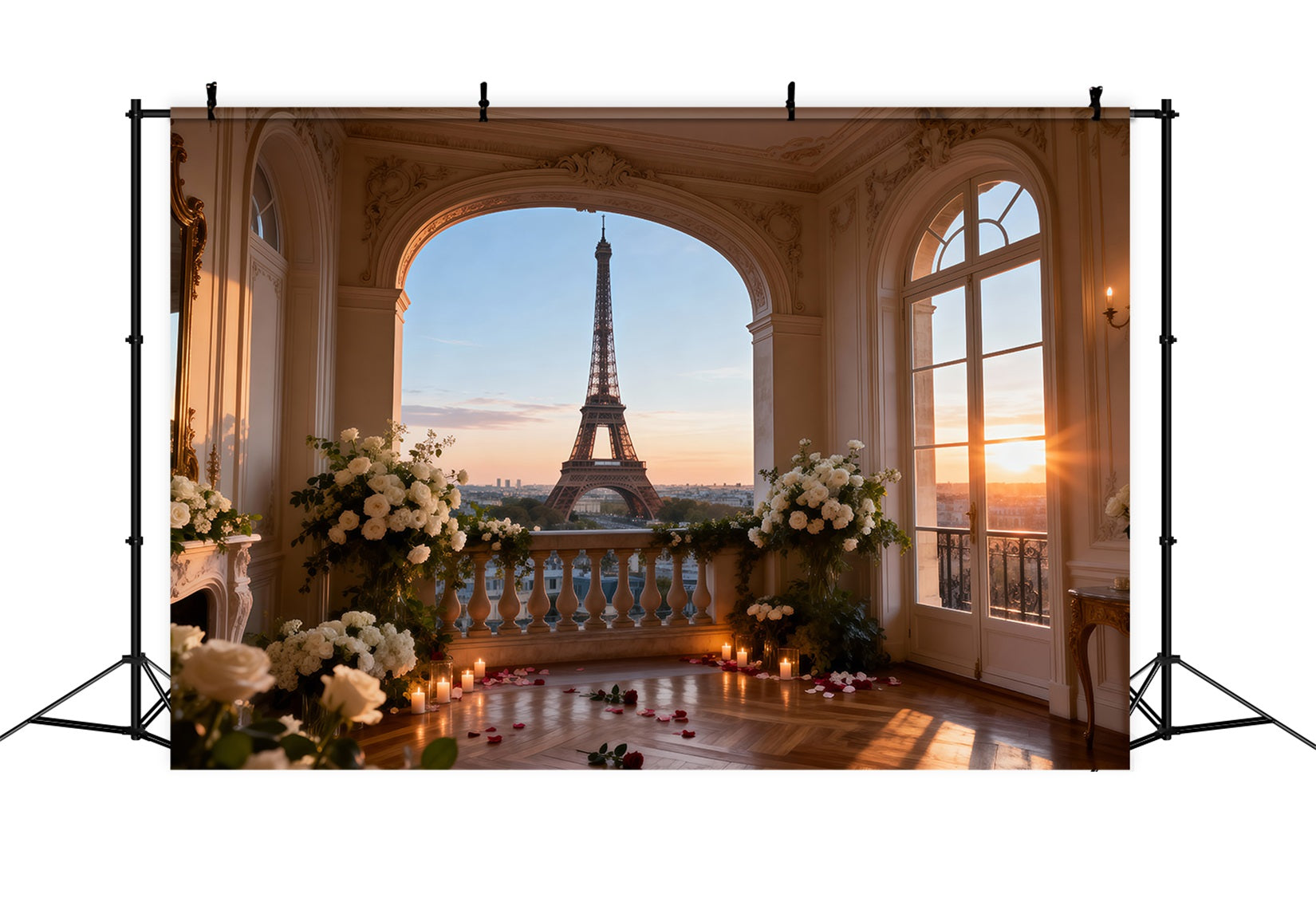 Ideen für Paris-Hintergründe Eleganter Salon Sonnenuntergang Eiffelturm-Fotohintergrund RR61-65