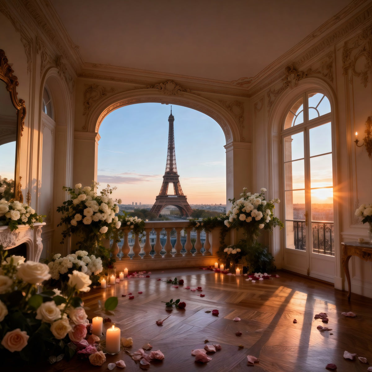 Ideen für Paris-Hintergründe Eleganter Salon Sonnenuntergang Eiffelturm-Fotohintergrund RR61-65