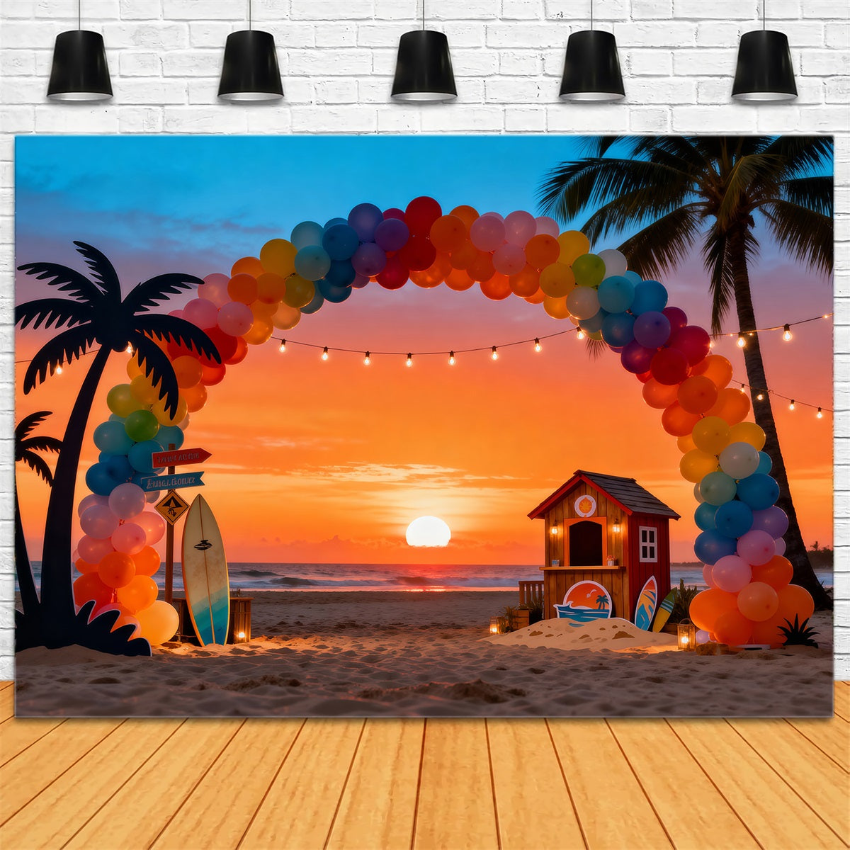 Strand-Sonnenuntergang-Hintergrund Ballonbogen Palmen Sommer-Themenhintergrund RR61-8