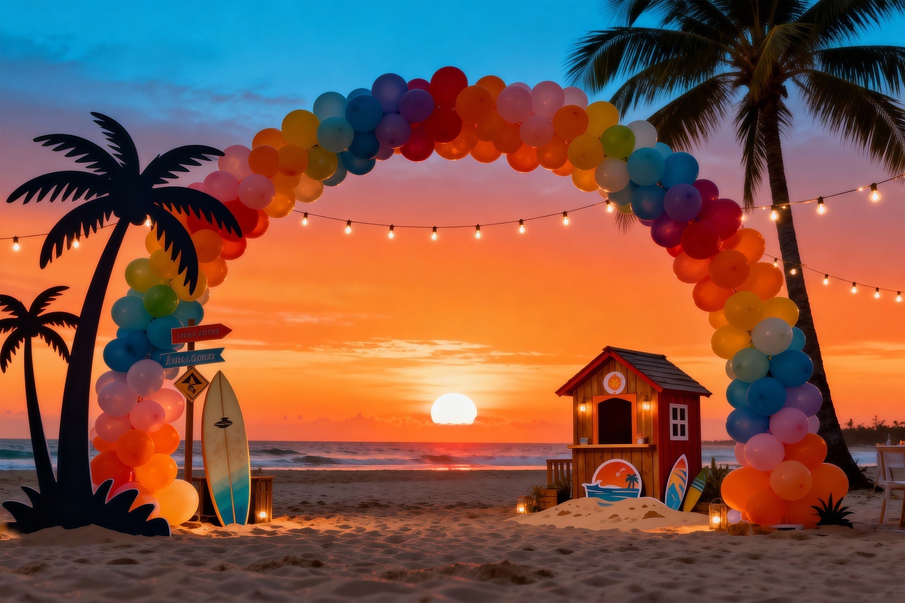 Strand-Sonnenuntergang-Hintergrund Ballonbogen Palmen Sommer-Themenhintergrund RR61-8