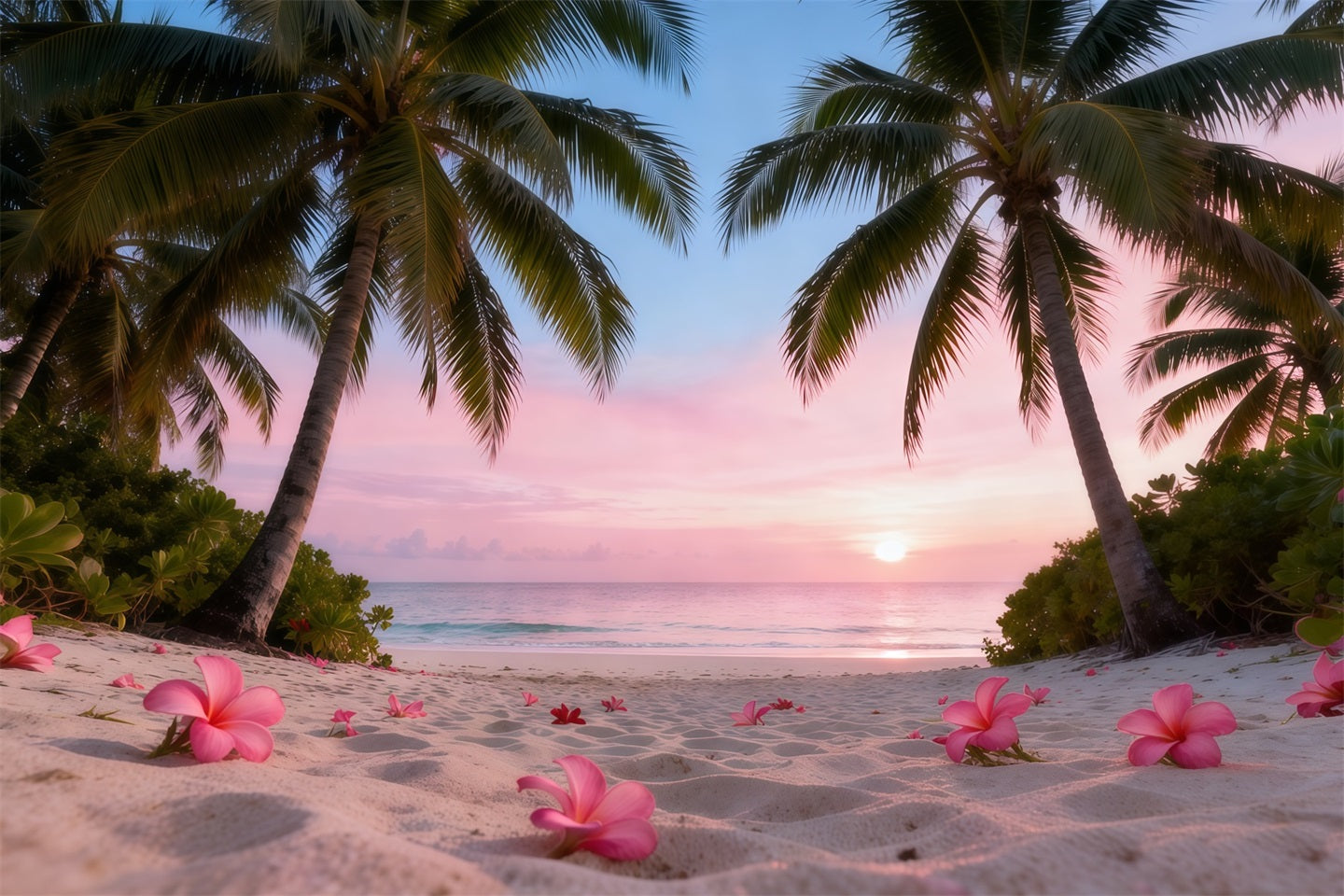 Strand-Hintergrund für Fotografie Sonnenuntergang Plumeria-Blüten Sommer-Fotohintergrund RR61-9