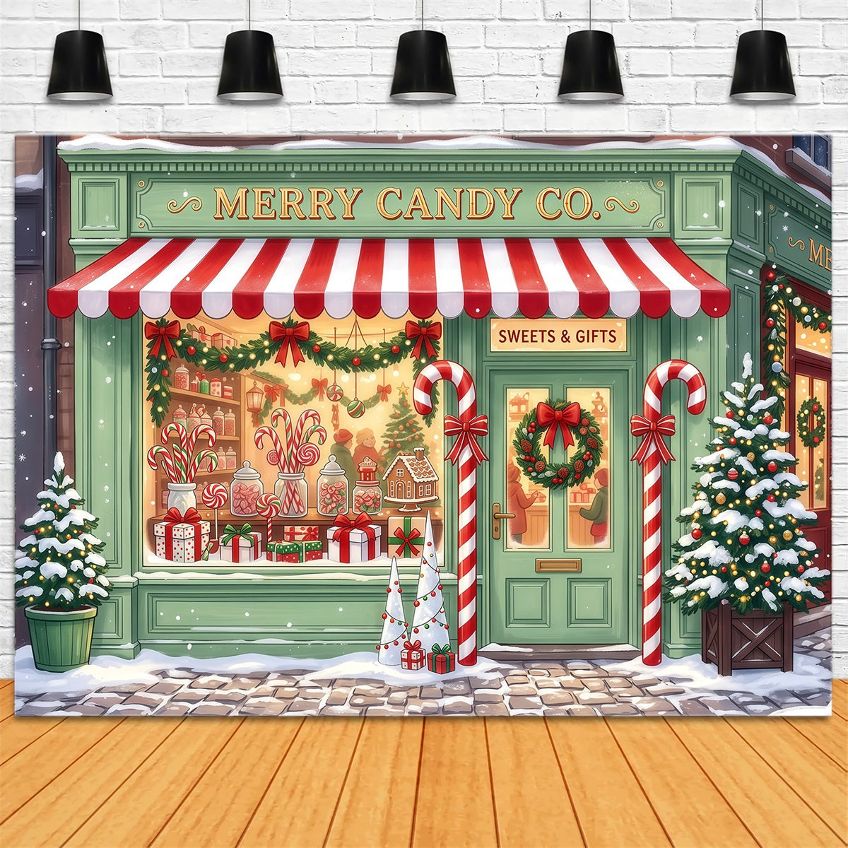 Weihnachtlicher Zuckerstangen-Hintergrund Mintgrüne Süßwarenladen-Fassade RR610-100