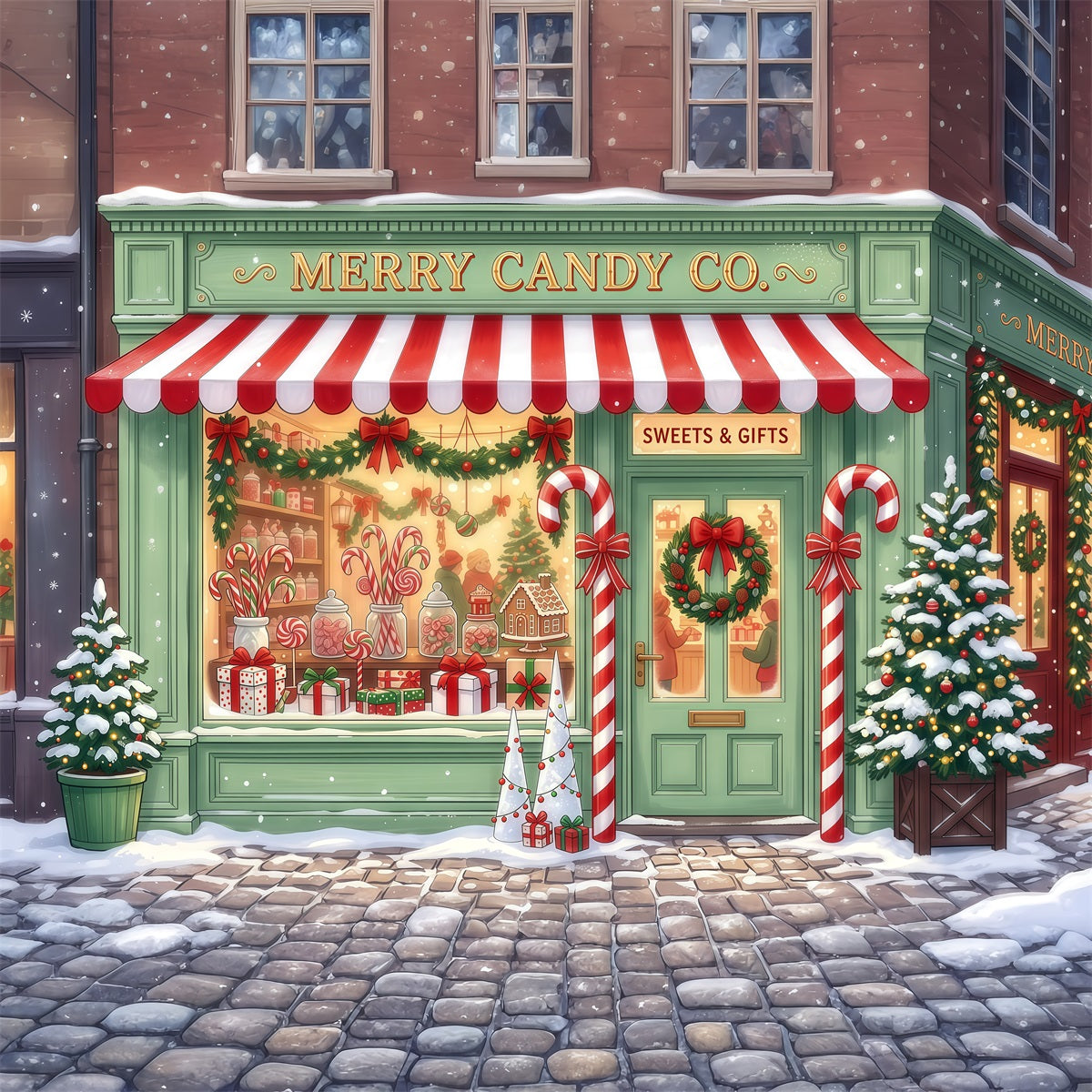 Weihnachtlicher Zuckerstangen-Hintergrund Mintgrüne Süßwarenladen-Fassade RR610-100