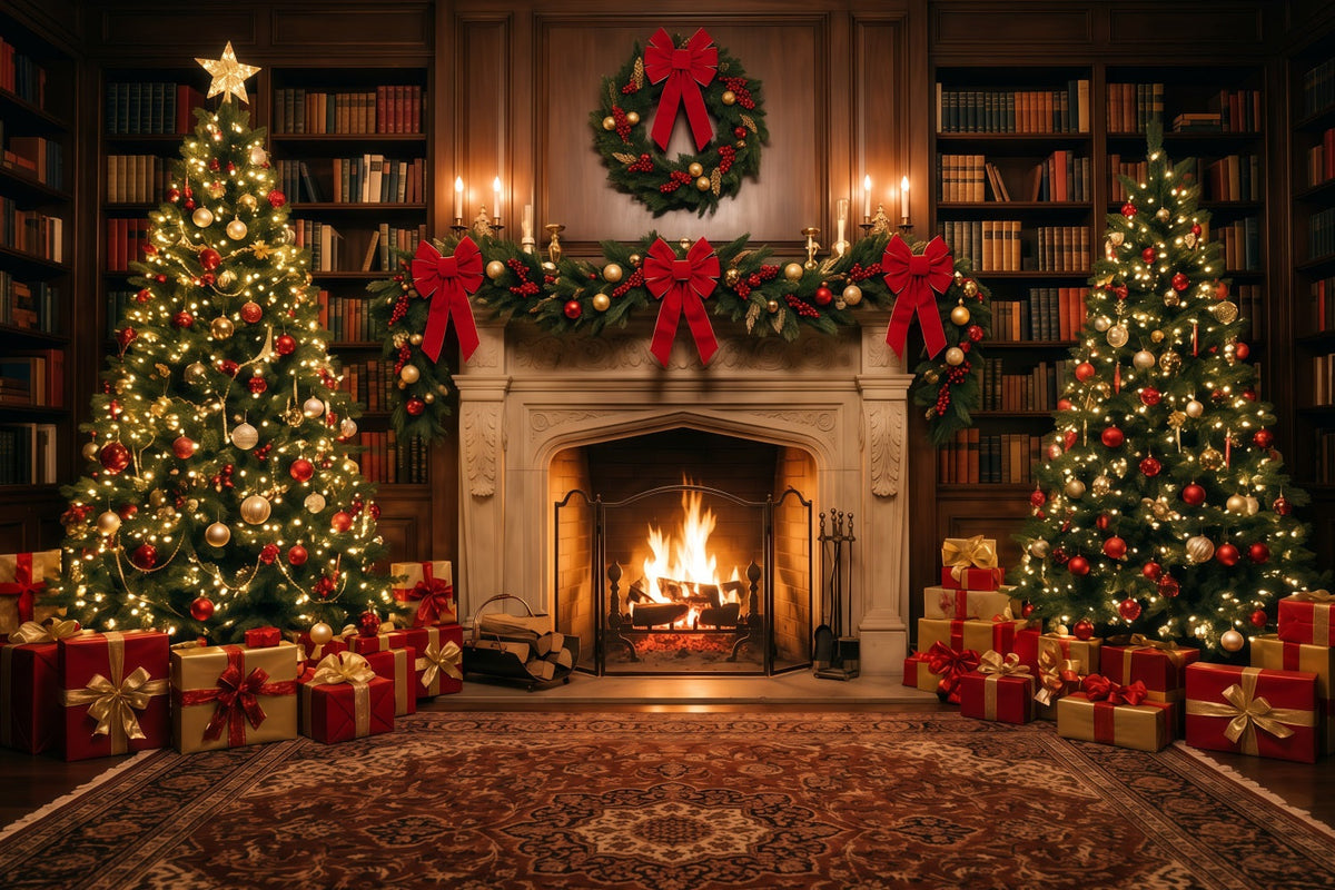 Weihnachtlicher Fotohintergrund Verzierte Bibliothek Kamin-Dekoration RR610-101