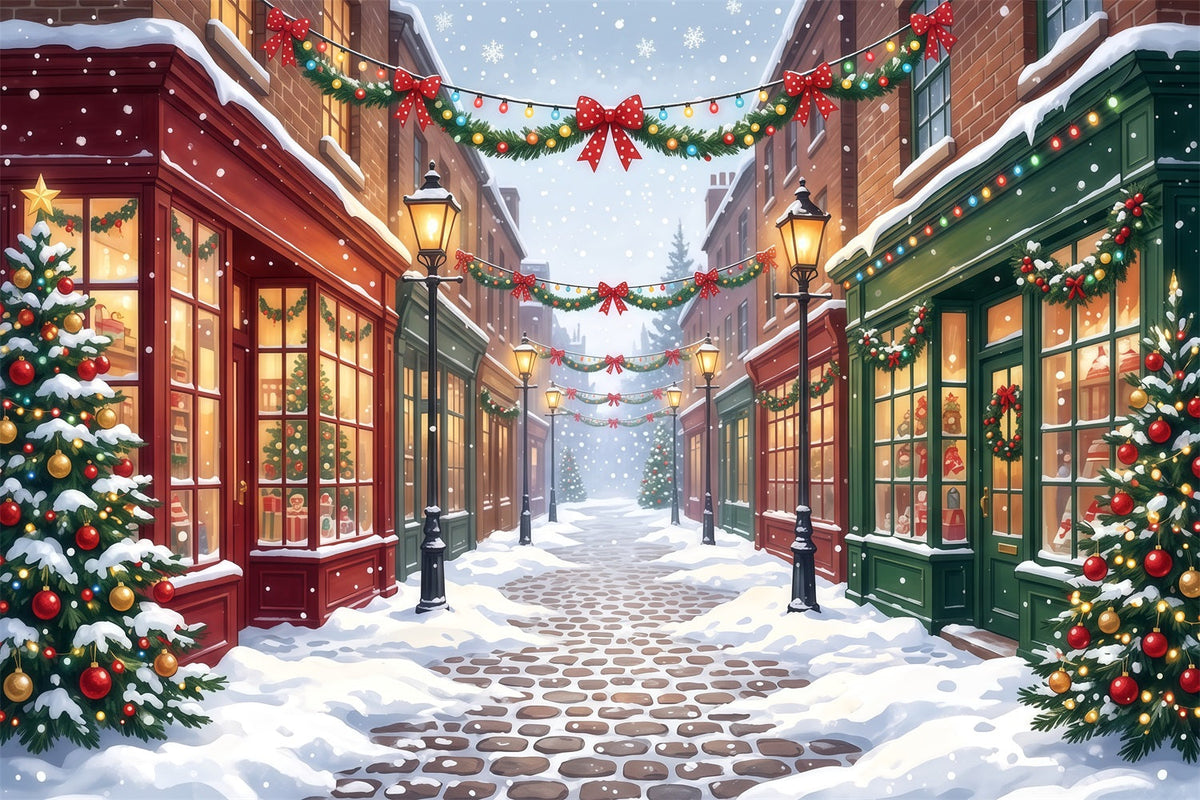 Weihnachtsdorf-Hintergrund Verschneite Dekorierte Einkaufsstraße RR610-103