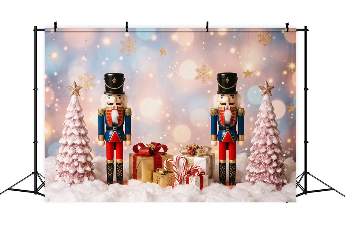 Weihnachtlicher Hintergrund Rosa Schnee Frostige Bäume Nussknacker RR610-106