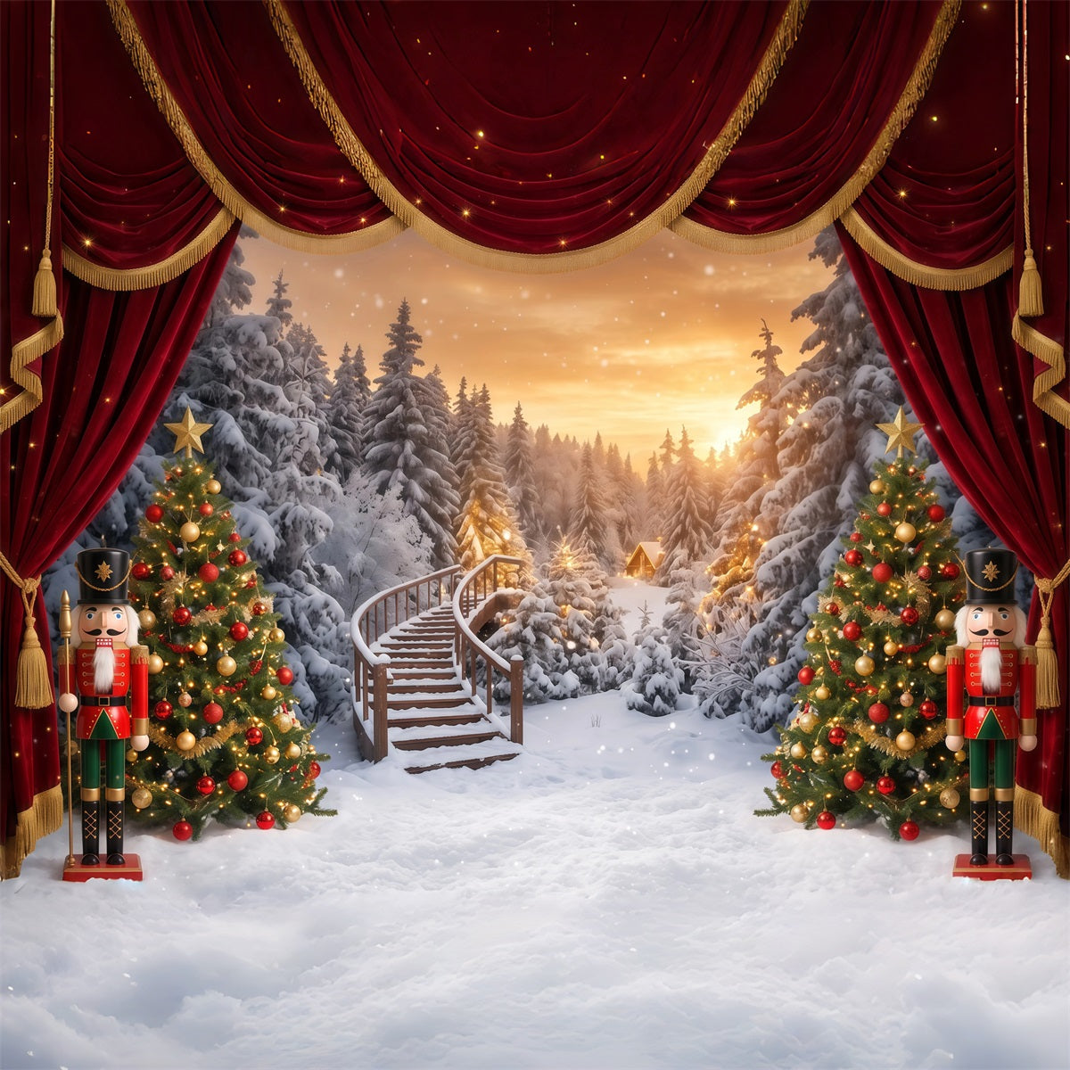Weihnachtlicher Themenhintergrund Verschneite Winterwald-Bühne Nussknacker RR610-109