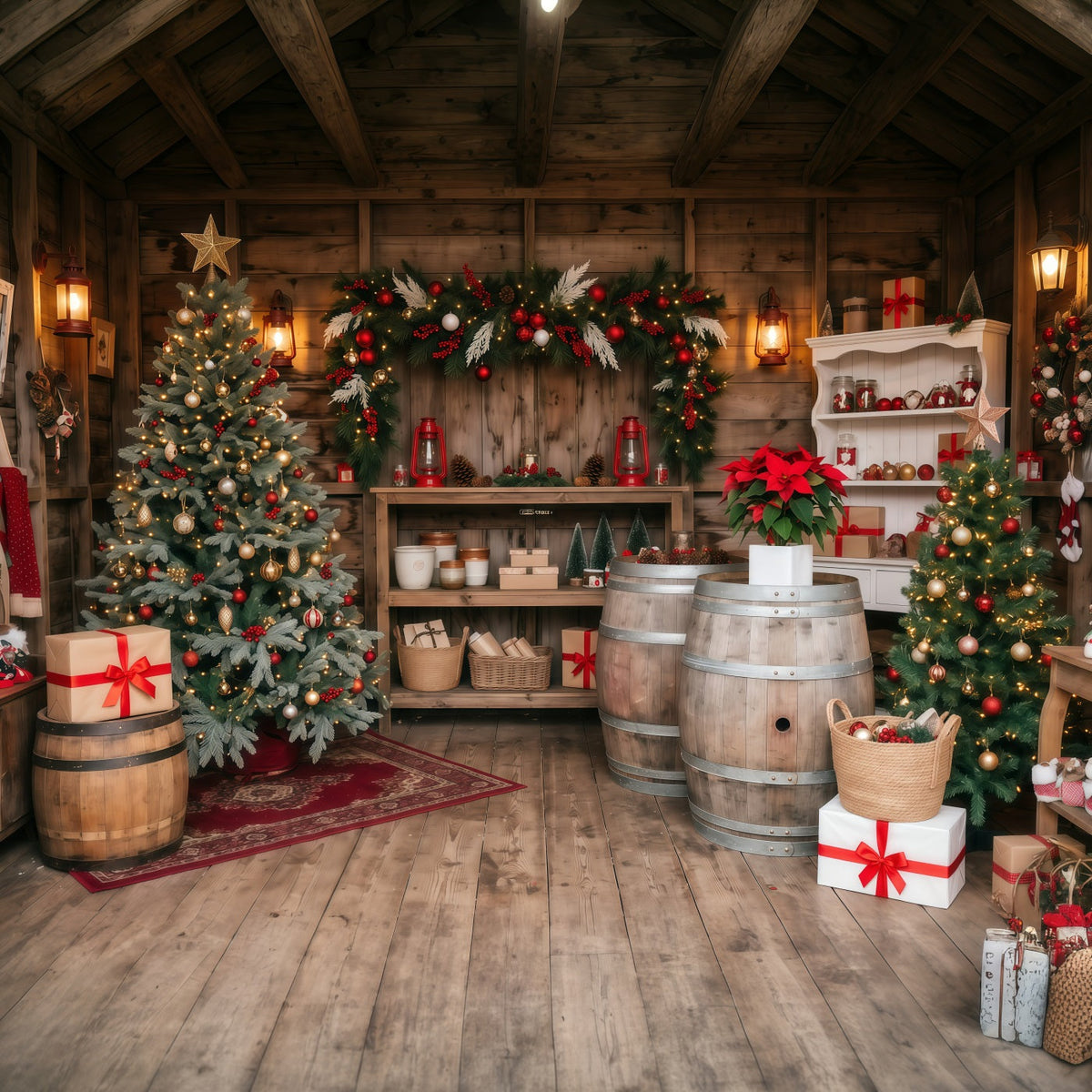 Weihnachtsladen-Hintergrund Rustikale Hütte Immergrüne Tannen RR610-115