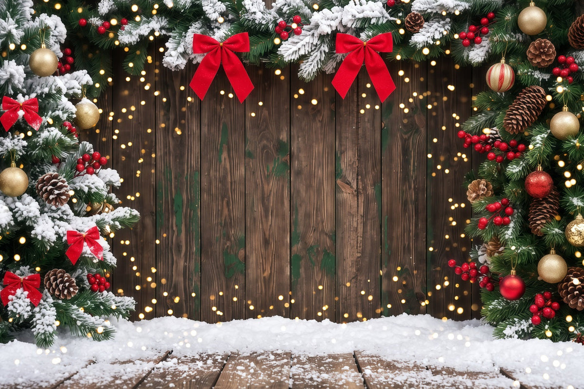 Weihnachtlicher Hintergrund Bokeh Verschneite Immergrüne Holzelemente RR610-116