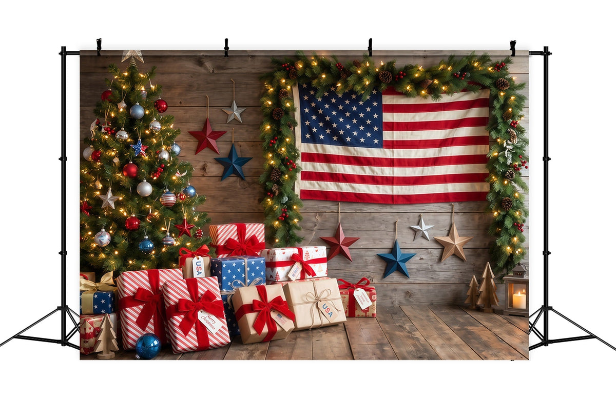 Ländlicher Weihnachtshintergrund Patriotische Flagge Geschenke Weihnachtsbaum RR610-118