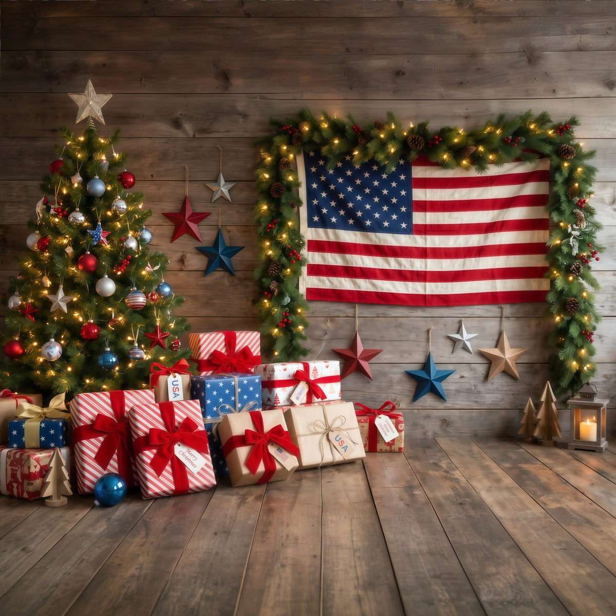 Ländlicher Weihnachtshintergrund Patriotische Flagge Geschenke Weihnachtsbaum RR610-118