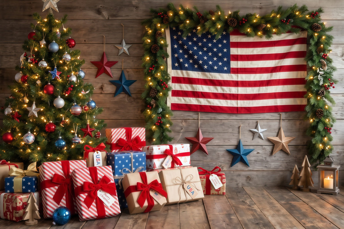 Ländlicher Weihnachtshintergrund Patriotische Flagge Geschenke Weihnachtsbaum RR610-118