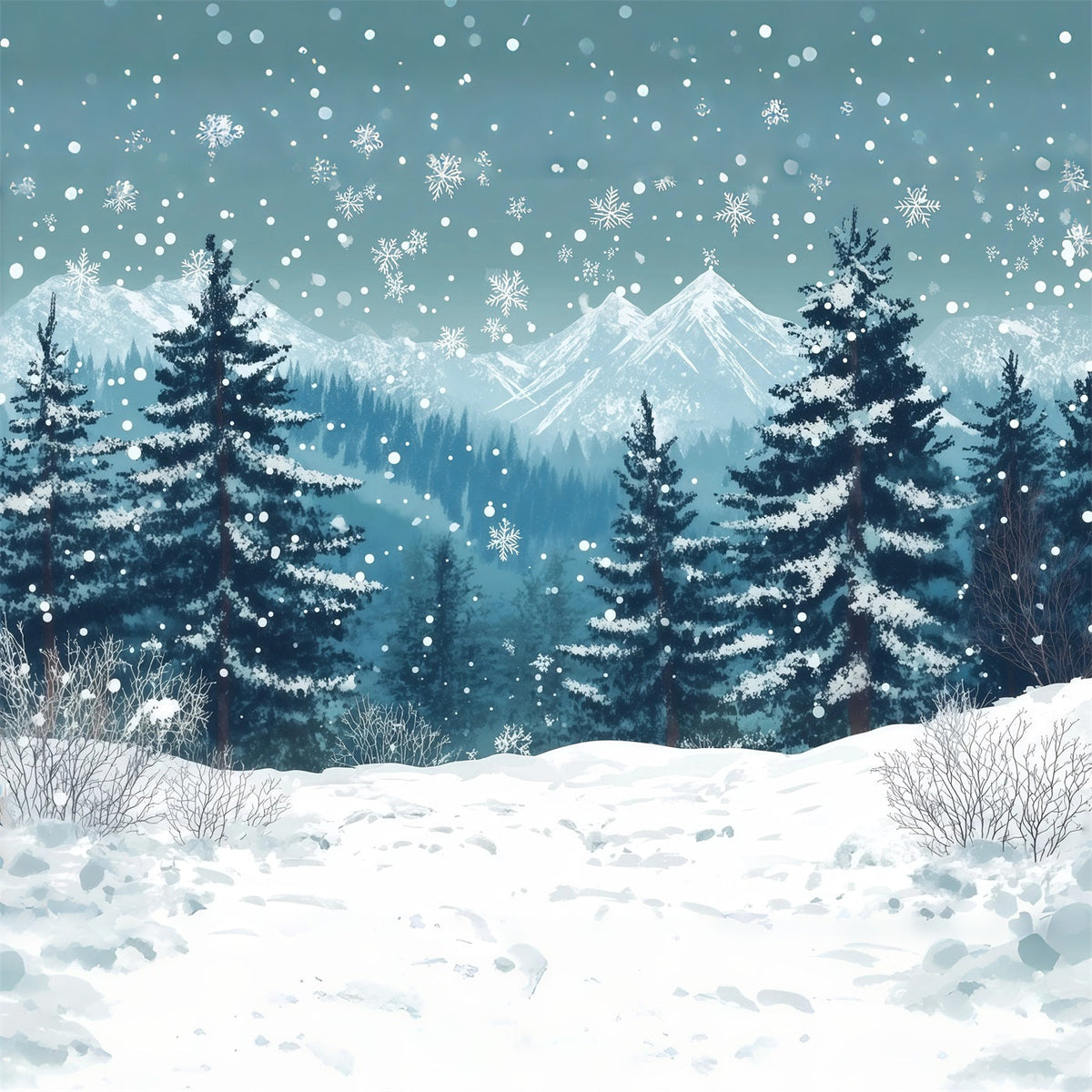 Weihnachtsbaum-Fotohintergrund Verschneiter Bergkiefernwald RR610-123
