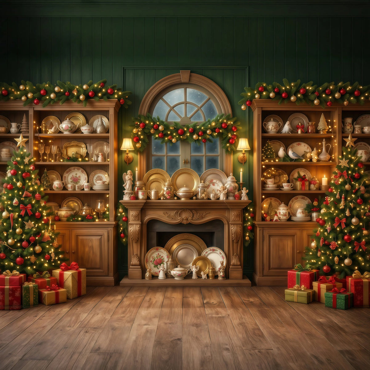 Santa-Hintergrund Festlicher Vintage-Porzellanschrank RR610-128