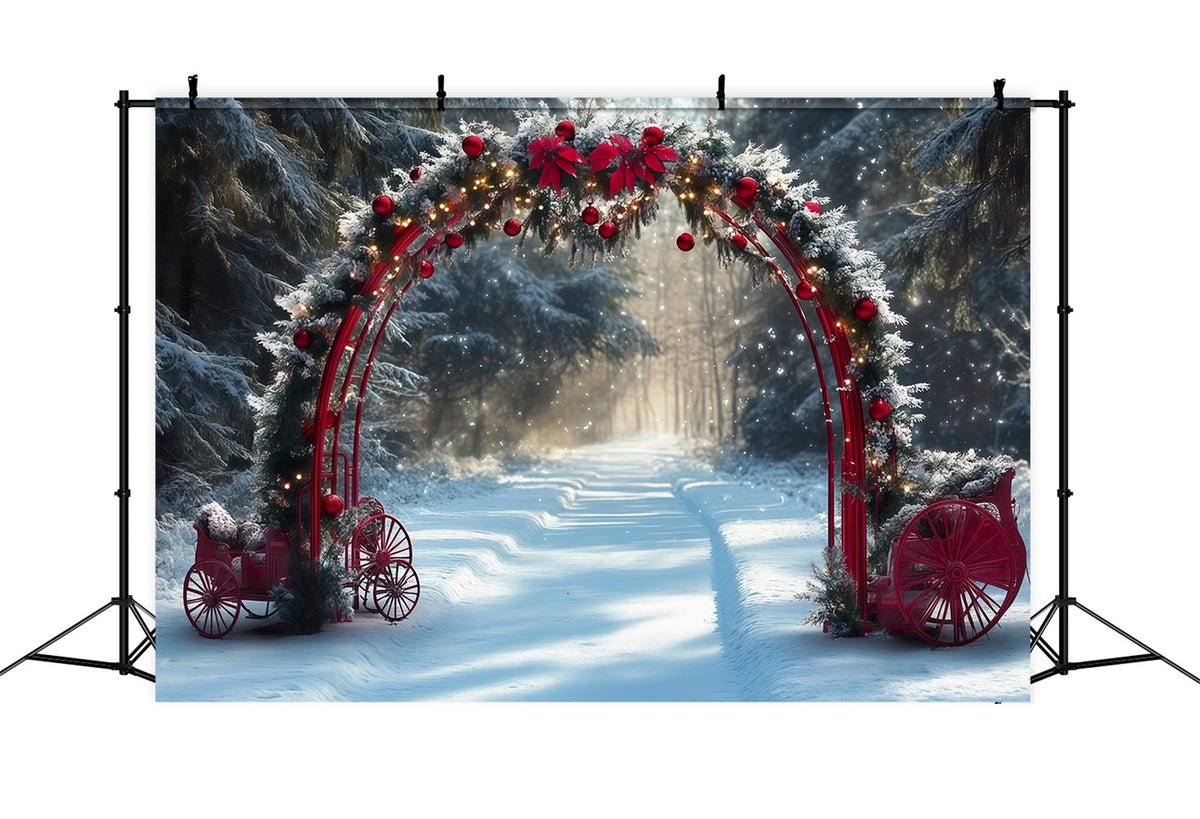 Verschneiter Weihnachtshintergrund Roter Torbogen Verschneite Kutschen RR610-138