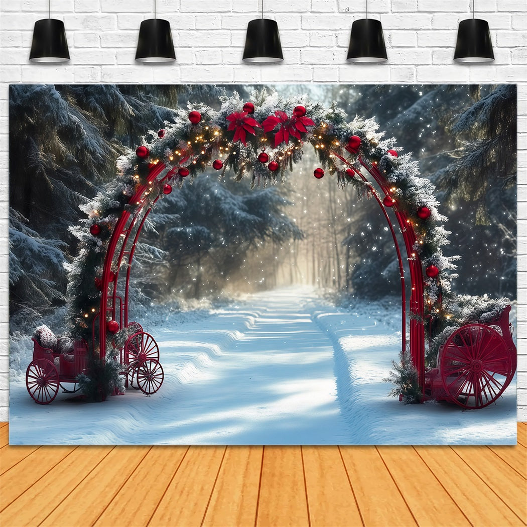 Verschneiter Weihnachtshintergrund Roter Torbogen Verschneite Kutschen RR610-138