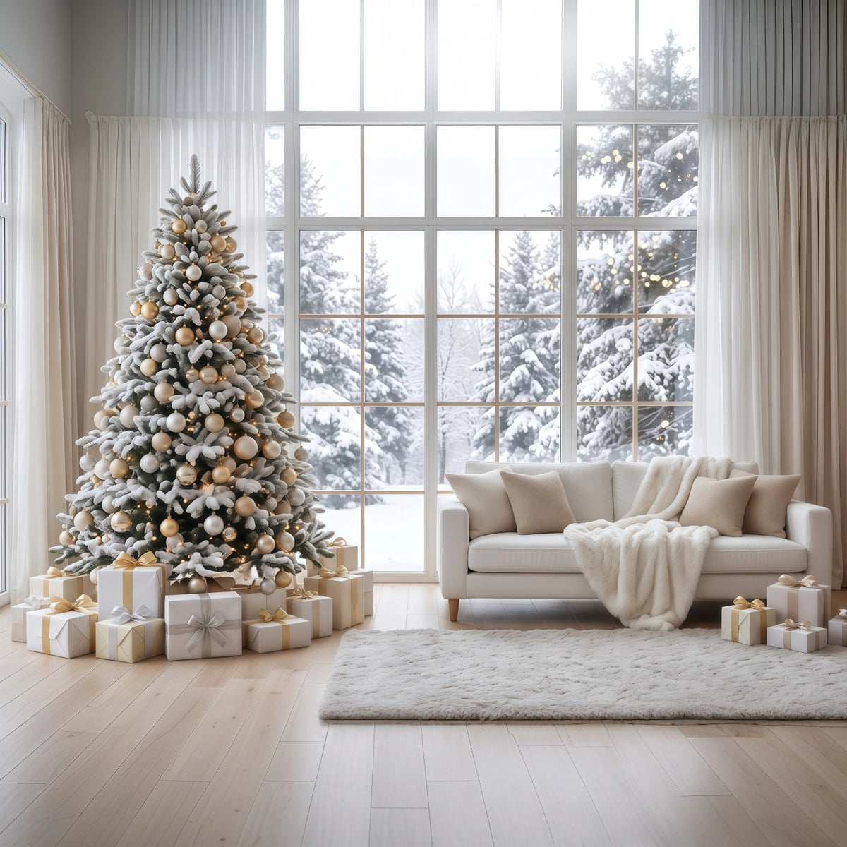 Weißer Weihnachtshintergrund Verschneites Fenster Wohnzimmer RR610-139