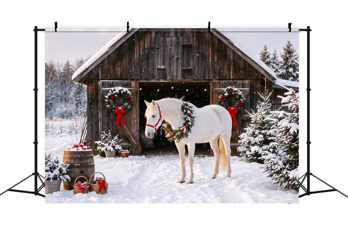 Western Weihnachtshintergrund Weißes Pferd Festliche Scheune RR610-143