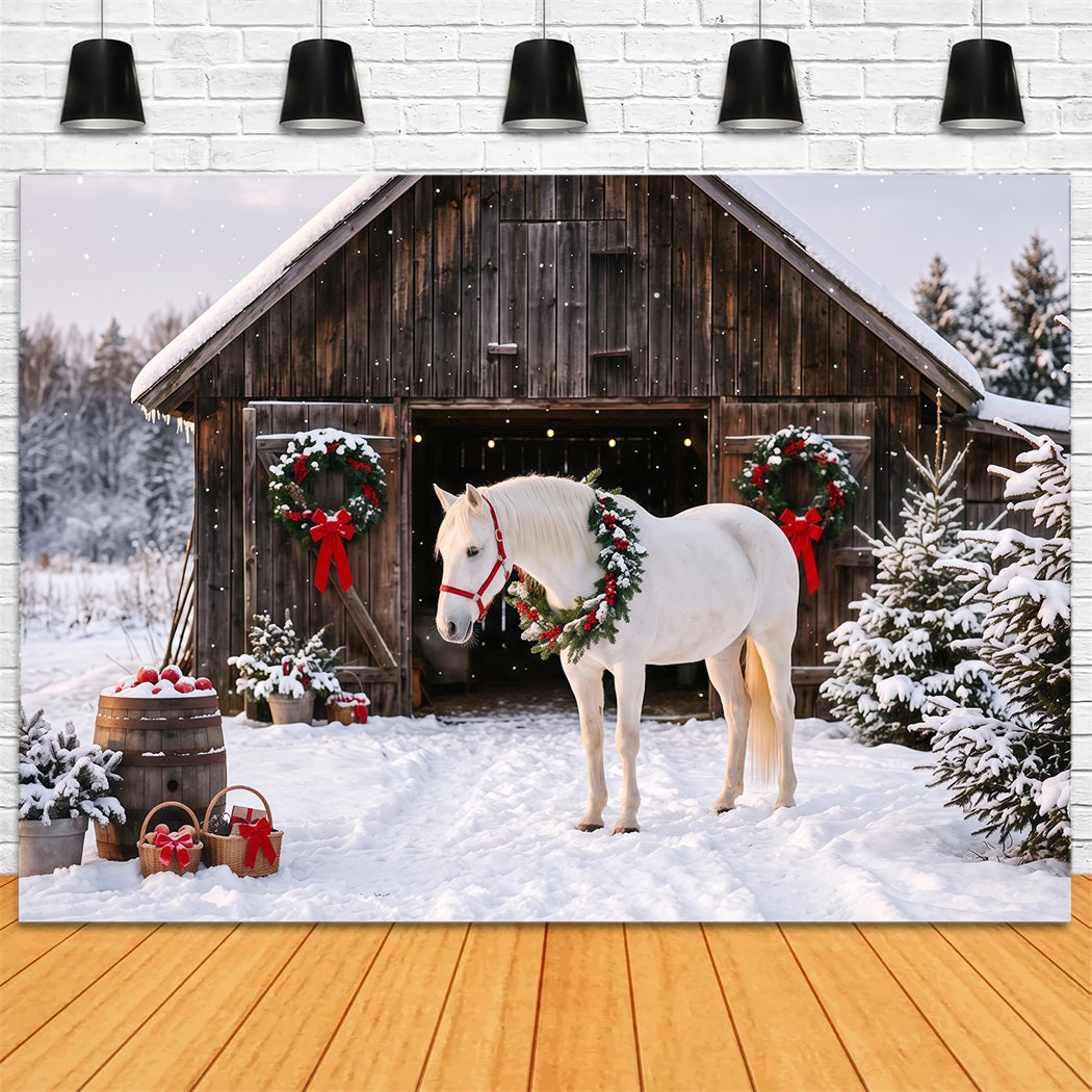 Western Weihnachtshintergrund Weißes Pferd Festliche Scheune RR610-143