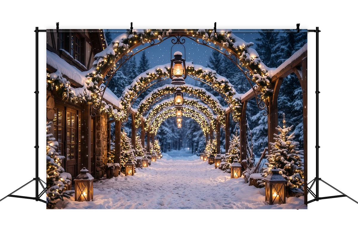 Weihnachtlicher Torbogen Hintergrund Leuchtender Laternenbogen Verschneit RR610-145