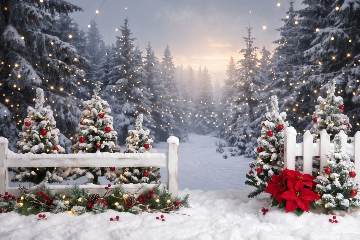 Weihnachtswald Hintergrund Verschneiter Zaun Weihnachtsstern Weg RR610-150