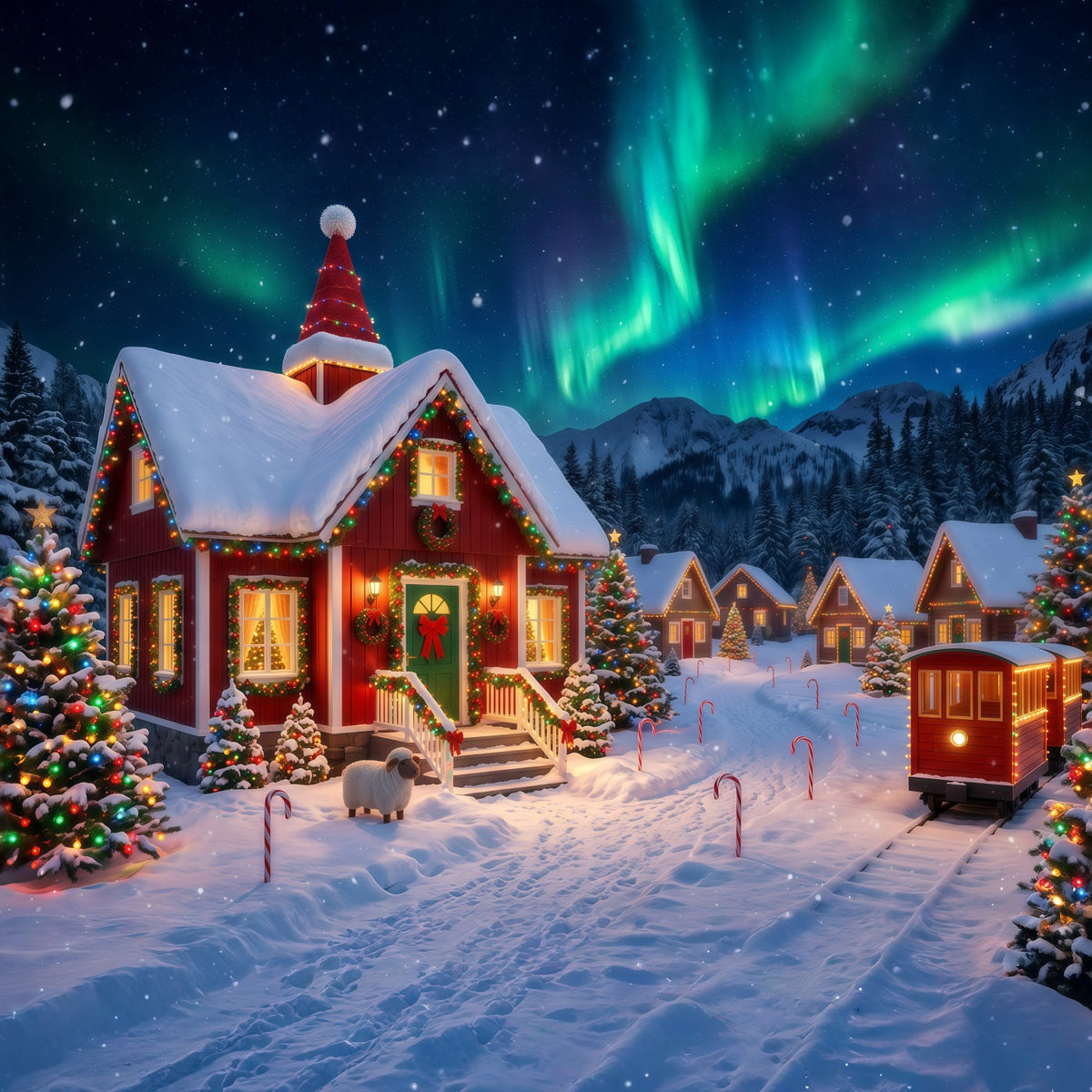 Weihnachtlicher Elfen Hintergrund Polarlicht Verschneites Dorf Lichter RR610-153