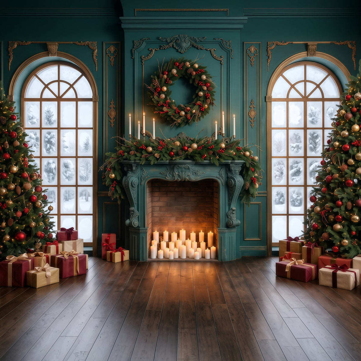Weihnachtlicher Wohnzimmer Hintergrund Smaragdgrüner Kaminsims Kerzenlicht RR610-154