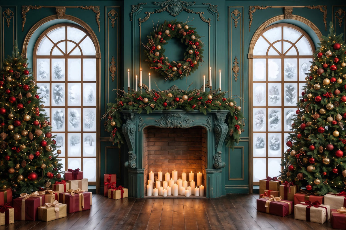 Weihnachtlicher Wohnzimmer Hintergrund Smaragdgrüner Kaminsims Kerzenlicht RR610-154