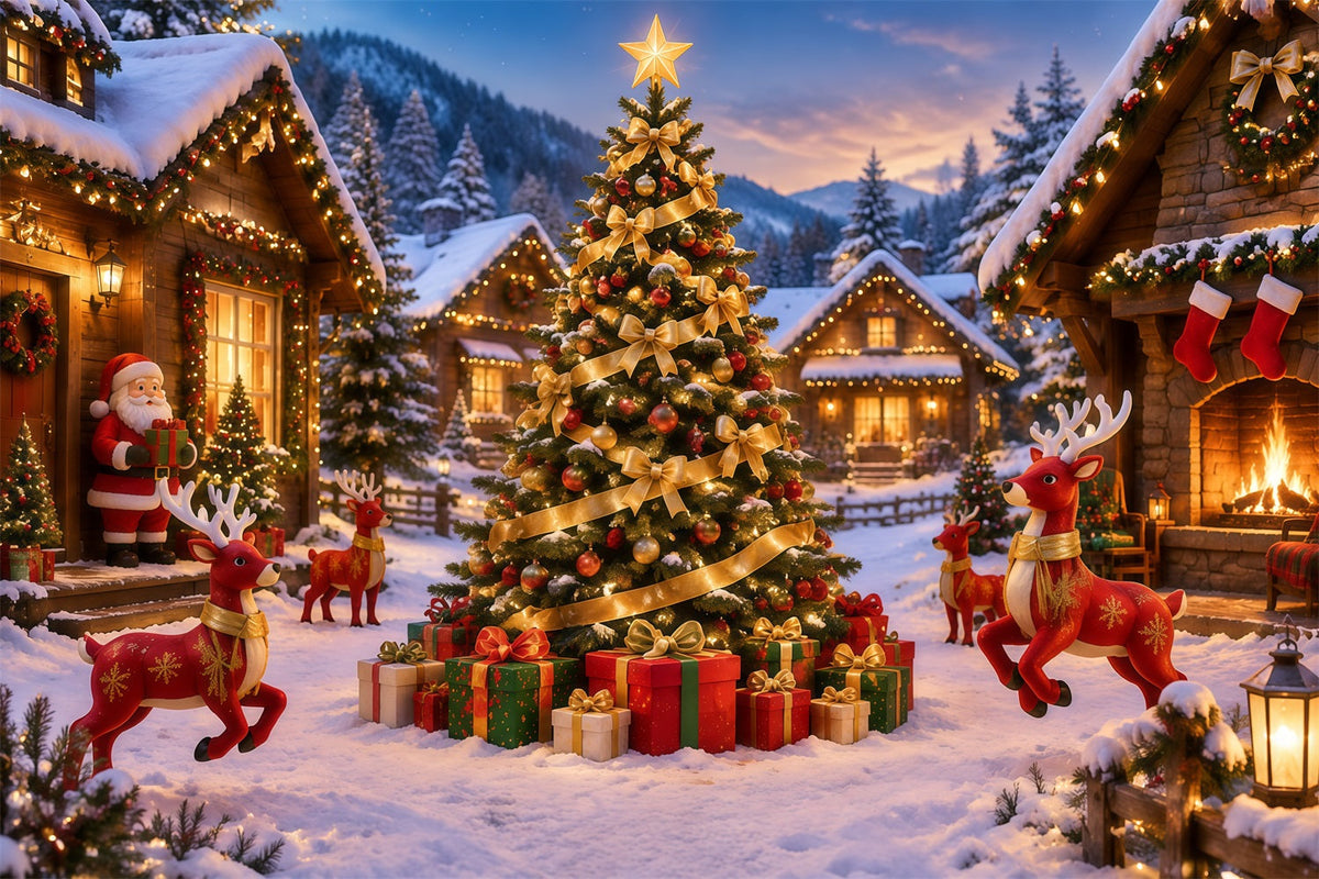 Retro Weihnachtshintergrund Goldene Schleife Verschneites Rentierdorf RR610-156