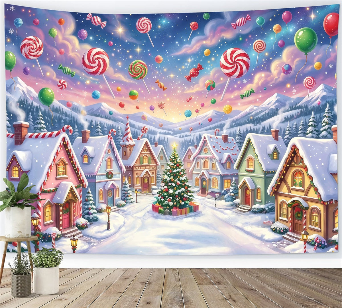 Weihnachtlicher Süßigkeitenland Hintergrund Lutscher Winterdorf RR610-157