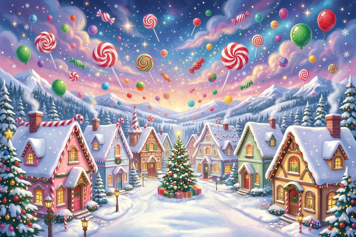 Weihnachtlicher Süßigkeitenland Hintergrund Lutscher Winterdorf RR610-157