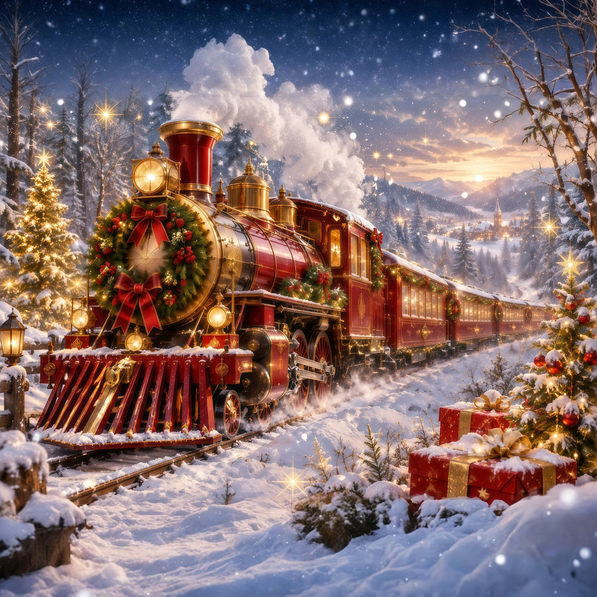 Professioneller Weihnachtshintergrund Festlicher Roter Dampfzug RR610-158