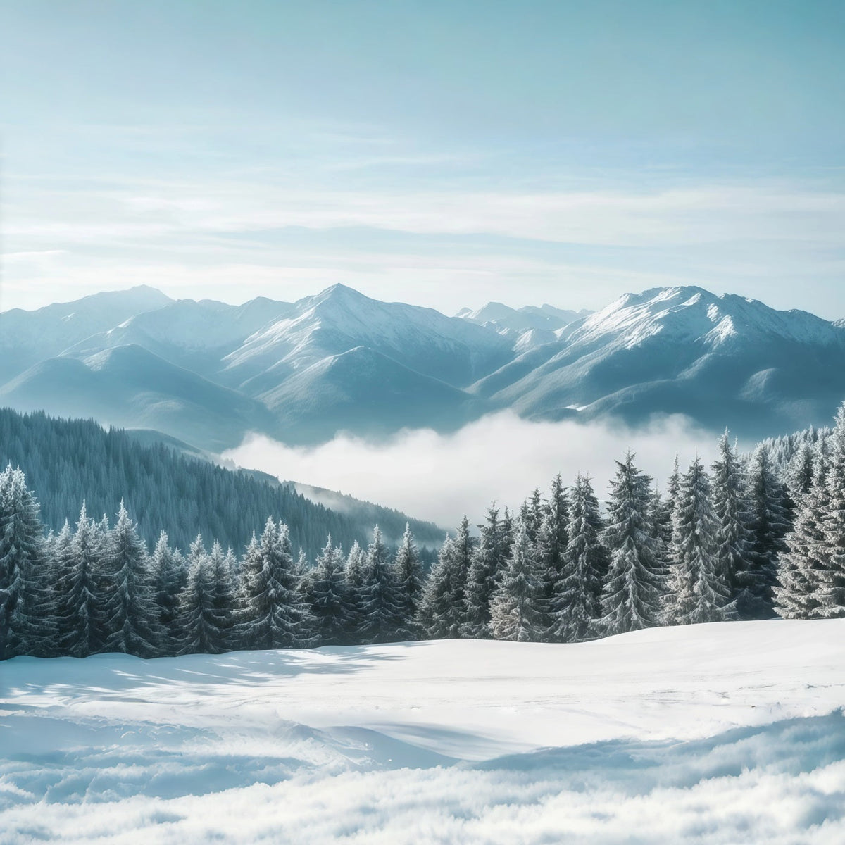 Winterwunderland Weihnachtshintergrund Verschneiter Bergnebel Wald RR610-159
