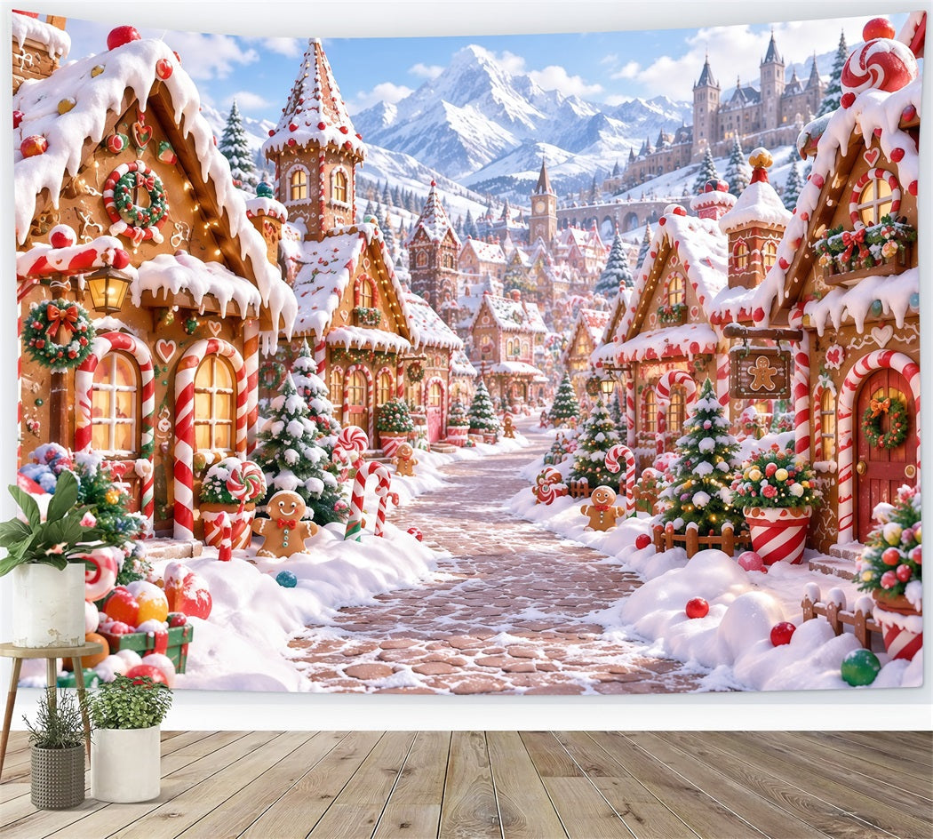 Weihnachtlicher Lebkuchen Hintergrund Verschneites Süßigkeiten Bergdorf RR610-176