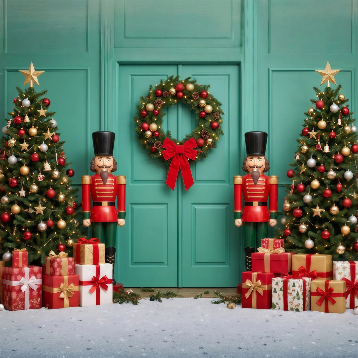 Weihnachtlicher Hintergrund Schleifenkranz Türkisfarbene Tür Nussknacker RR610-177