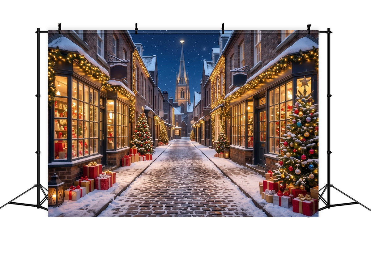 Weihnachtsdorf Hintergrund Verschneite Beleuchtete Einkaufsstraße RR610-180