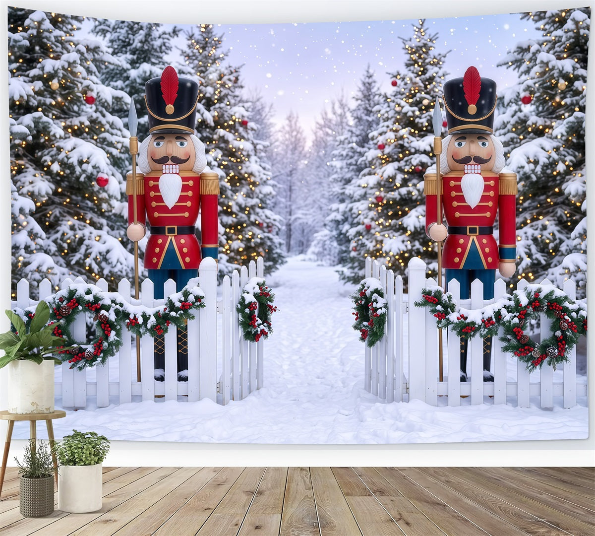 Weihnachtlicher Designhintergrund Verschneites Waldtor Nussknacker RR610-2